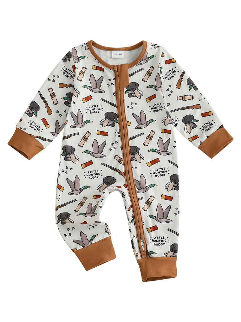 Infant Boys Fall Romper – Elk Print | Oblique Zipper | Long Sleeve Jumpsuit (0–18M)