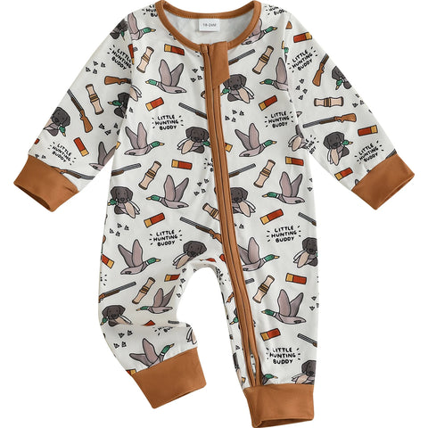 Infant Boys Fall Romper – Elk Print | Oblique Zipper | Long Sleeve Jumpsuit (0–18M)