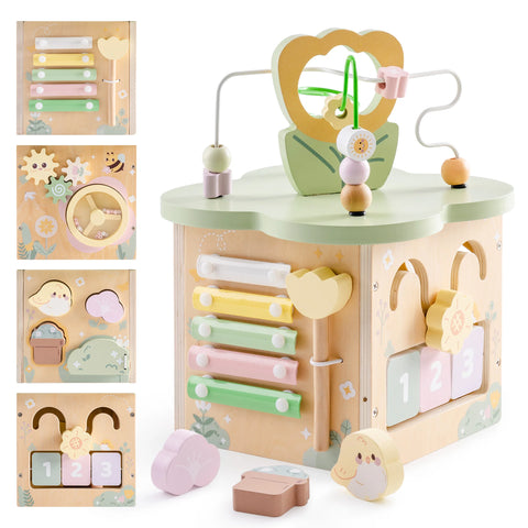 ROBOTIME Wooden Activity Cube Educational Wooden Toys with 7 Functional Areas Flower Bush Theme Montessori Toys for Toddlers