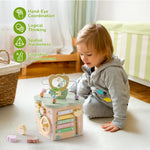 ROBOTIME Wooden Activity Cube Educational Wooden Toys with 7 Functional Areas Flower Bush Theme Montessori Toys for Toddlers