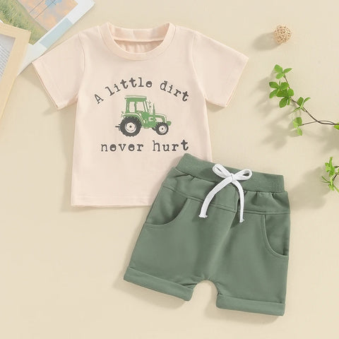 Lioraitiin Toddler Boy Shorts Set – Letter & Tractor Print T-Shirt with Solid Shorts, 2-Piece Summer Outfit