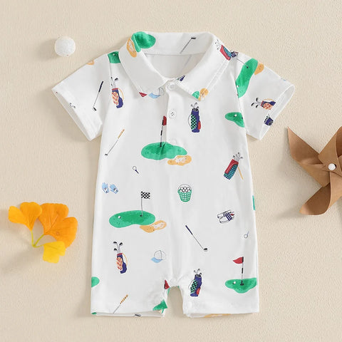 Infant Golf Romper – Unisex Baby Boy or Girl Summer Bodysuit with Half Button-Up, Lapel Neck & Short Sleeves