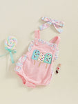 Toddler Girl Summer Watermelon Print Romper with Ruffles & Matching Headband — Sleeveless Jumpsuit Outfit Set