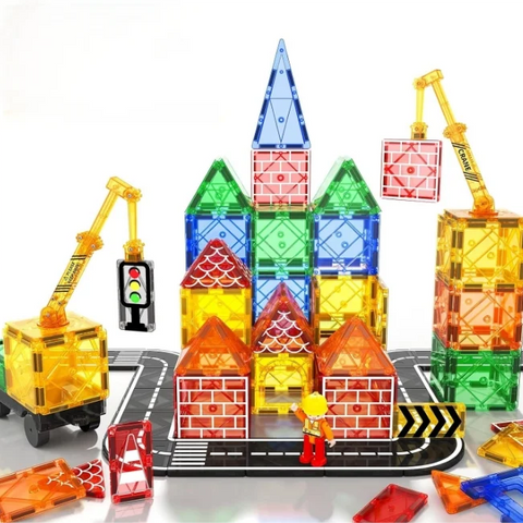 Magnetic Tiles Road Set with Magnet Crane & Car Toys – Construction Magnetic Building Blocks for Kids Ages 3–8, Creative STEM Toy