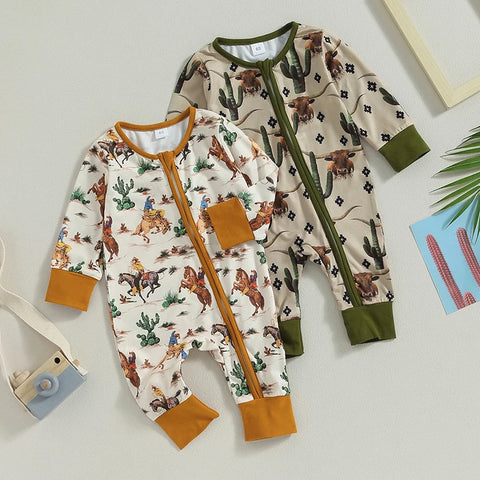 Lioraitiin Infant Baby Boys Jumpsuit – Long Sleeve Cow/Horse Print Zipped Romper for Autumn (0-12M)