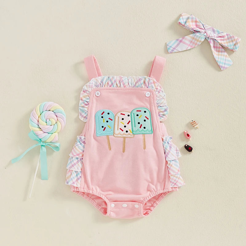 Toddler Girl Summer Watermelon Print Romper with Ruffles & Matching Headband — Sleeveless Jumpsuit Outfit Set