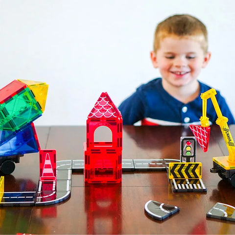 Magnetic Tiles Road Set with Magnet Crane & Car Toys – Construction Magnetic Building Blocks for Kids Ages 3–8, Creative STEM Toy