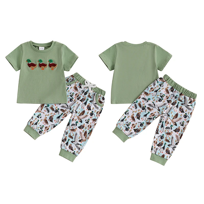 Lioraitiin Baby Boys Summer Outfit Set – Duck Embroidery Short Sleeve T-Shirt & Elastic Waist Pants (1-3 Years)