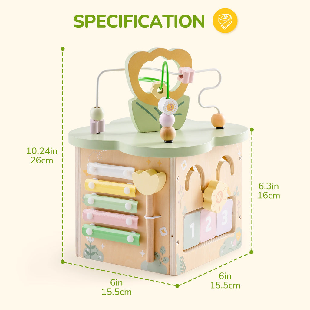 ROBOTIME Wooden Activity Cube Educational Wooden Toys with 7 Functional Areas Flower Bush Theme Montessori Toys for Toddlers