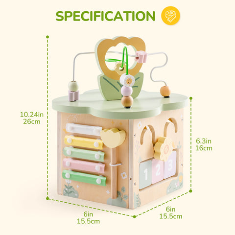 ROBOTIME Wooden Activity Cube Educational Wooden Toys with 7 Functional Areas Flower Bush Theme Montessori Toys for Toddlers