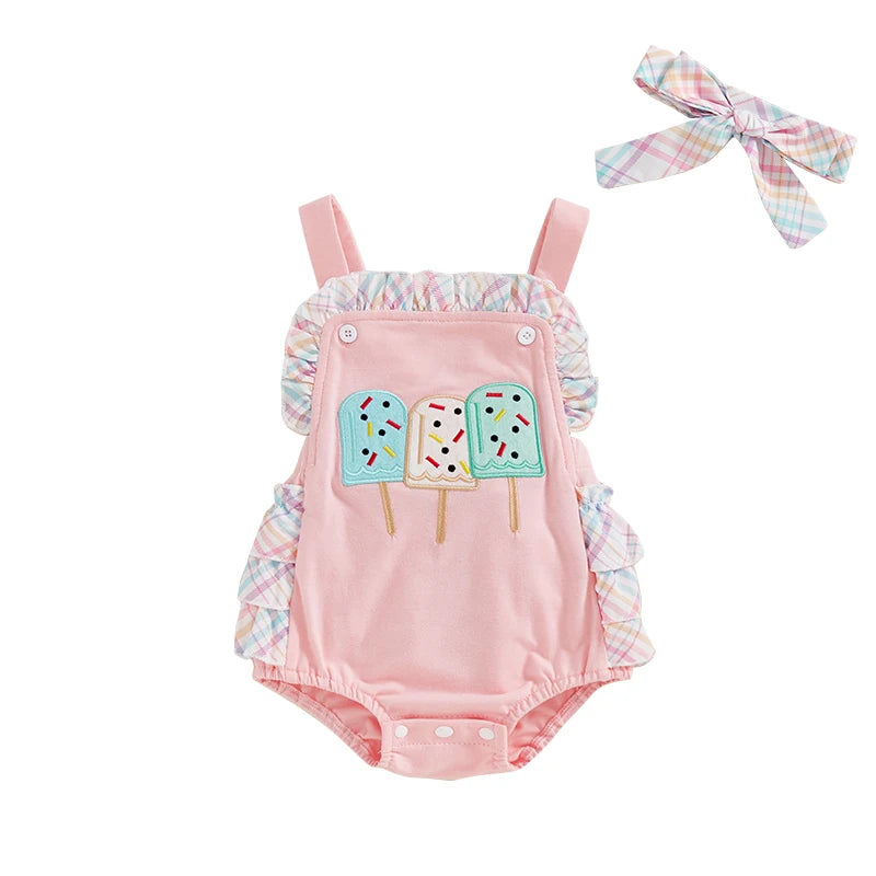 Toddler Girl Summer Watermelon Print Romper with Ruffles & Matching Headband — Sleeveless Jumpsuit Outfit Set