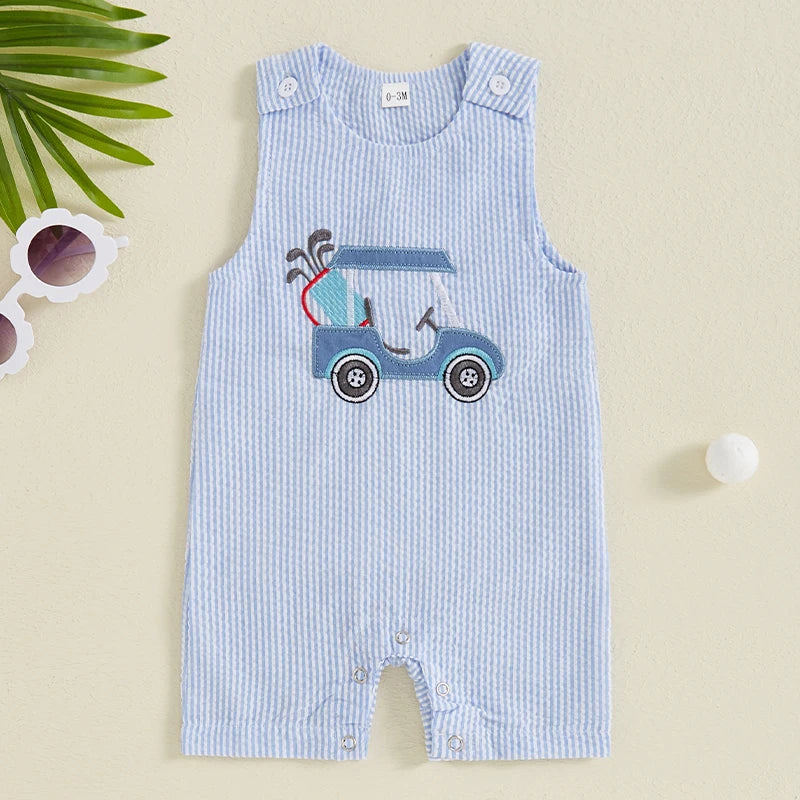 Lioraitiin Baby Boys Sleeveless Romper – Striped Golf Cart Embroidery Summer Jumpsuit for Casual Daily Wear (0-1 Years)