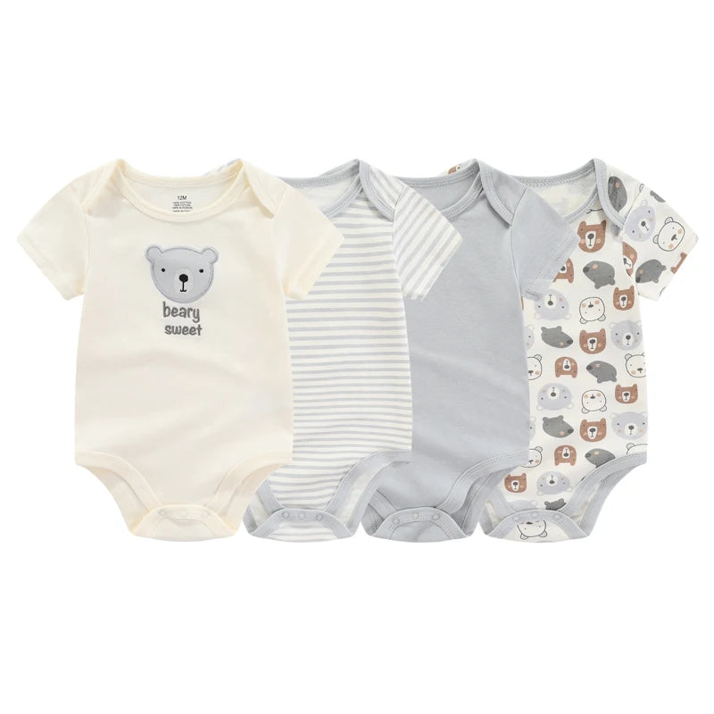 Kiddiezoom 4-Piece Fashion Cartoon Newborn Jumpsuit Set – 100% Cotton Baby Boys & Girls Summer Romper Outfit