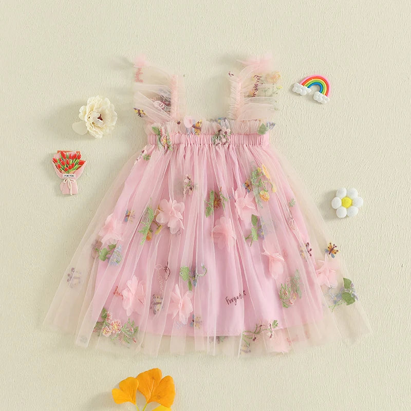 Toddler Girl Sleeveless Floral Embroidered Tulle Dress with Ruffle Square Neckline – Princess Party Dress for Baby Girl