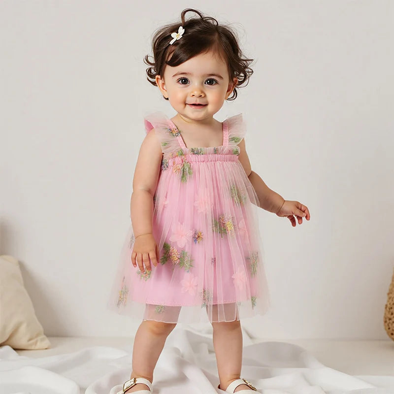 Toddler Girl Sleeveless Floral Embroidered Tulle Dress with Ruffle Square Neckline – Princess Party Dress for Baby Girl