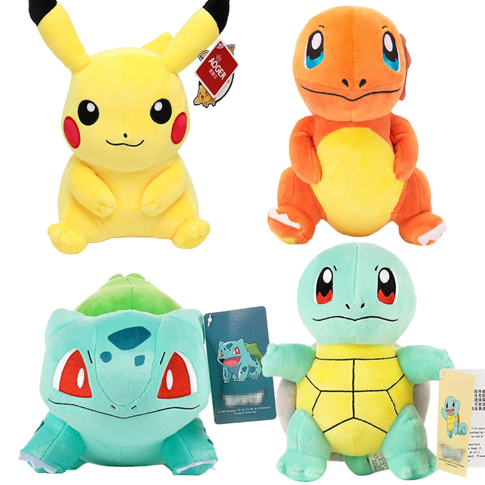 Pokemon Plush Toys – High-Quality Pikachu, Charmander, Squirtle & Bulbasaur Stuffed Dolls with Tag, Cute Anime Cartoon Gift for Kids & Fans