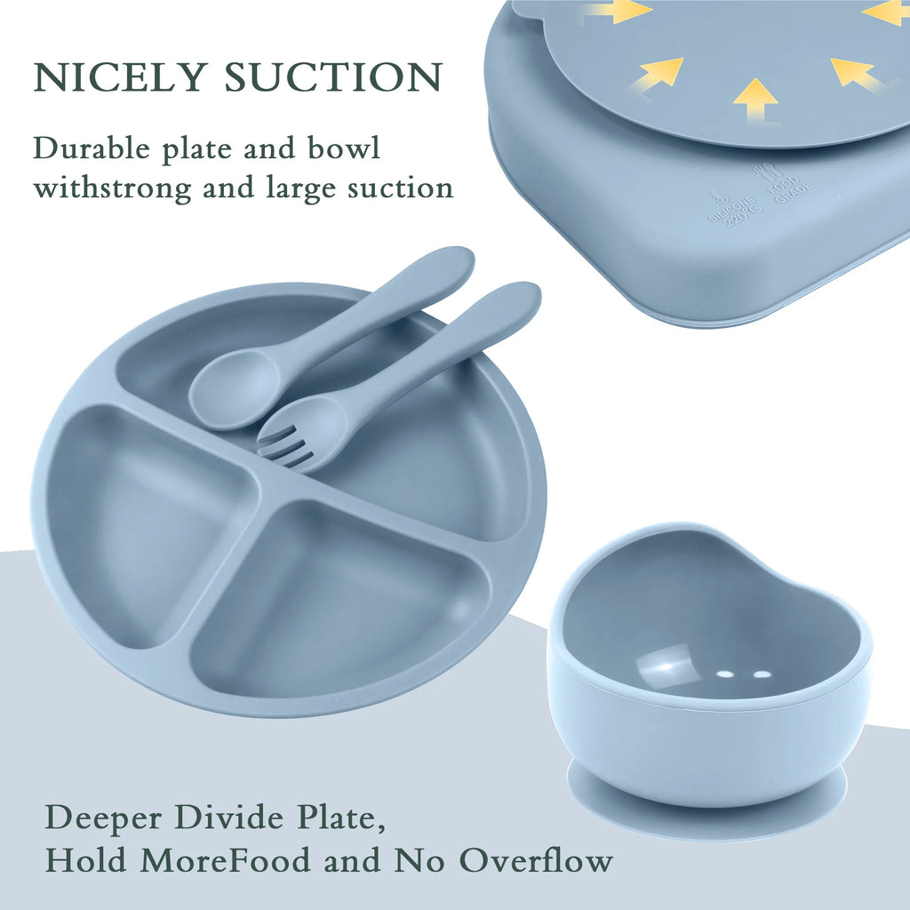 6 Pieces Silicone Baby Feeding Set Baby Plates and Bowls Set with Adjustable Bib Suction Bowl Suction Divided Plate Straw Cup