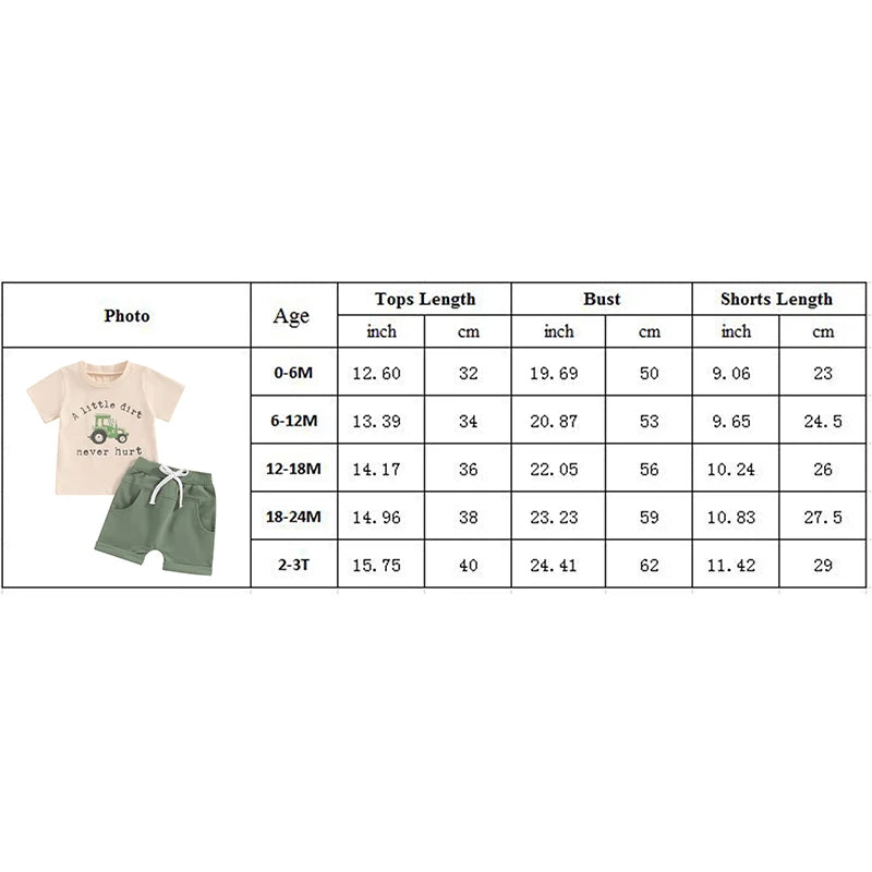 Lioraitiin Toddler Boy Shorts Set – Letter & Tractor Print T-Shirt with Solid Shorts, 2-Piece Summer Outfit
