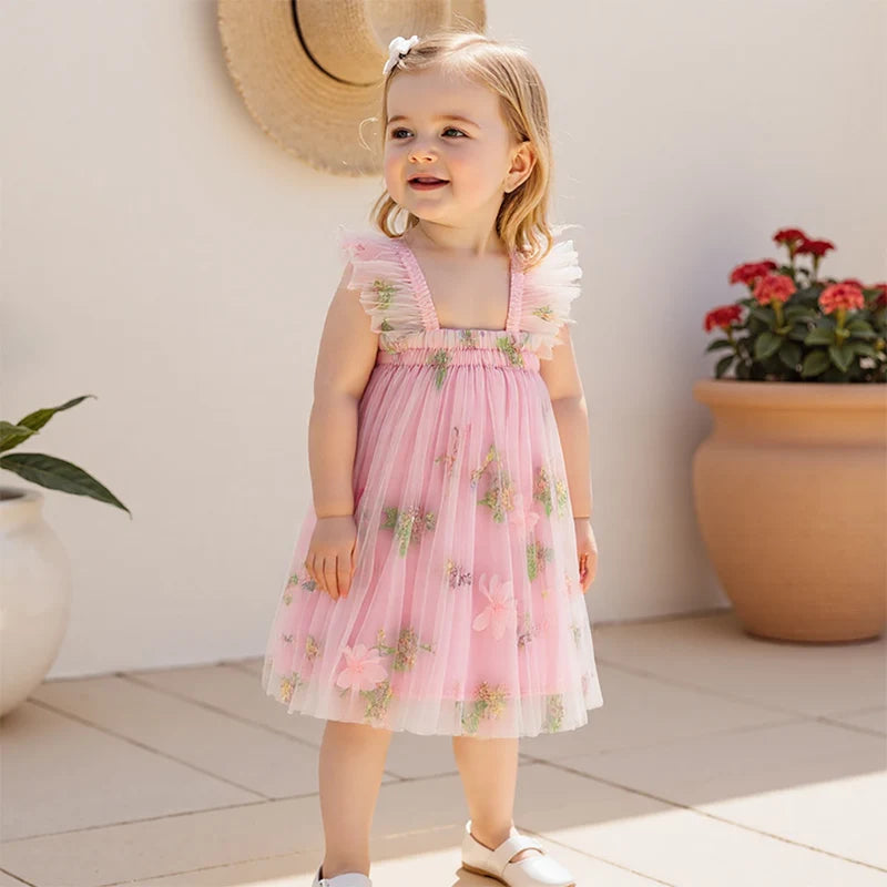 Toddler Girl Sleeveless Floral Embroidered Tulle Dress with Ruffle Square Neckline – Princess Party Dress for Baby Girl