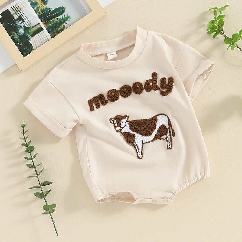 Lioraitiin 0–18M Baby Boy Girl Romper – Round Neck Cow Embroidery Short Sleeve Jumpsuit, Infant Summer Outfit