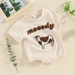 Lioraitiin 0–18M Baby Boy Girl Romper – Round Neck Cow Embroidery Short Sleeve Jumpsuit, Infant Summer Outfit