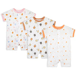 MICHLEY 3pcs Baby Short-Sleeve Rompers & Long-Sleeve Jumpsuit Bodysuit – Soft White Cartoon Infant Clothes Overalls for Boys & Girls