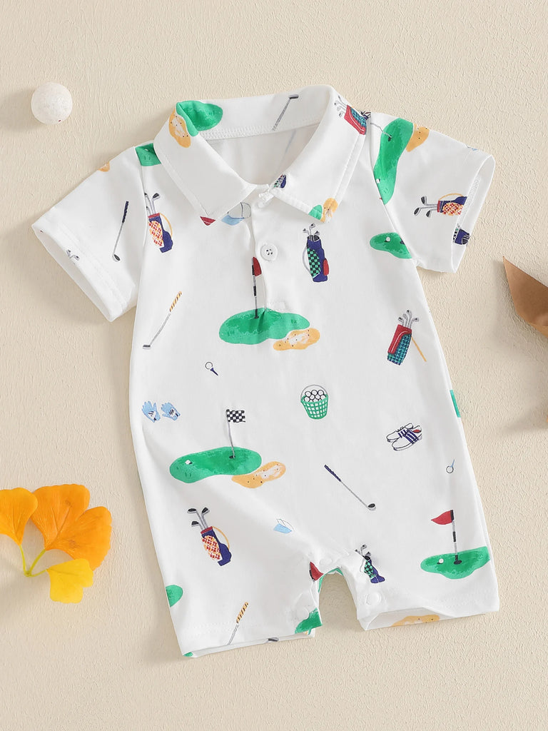 Infant Golf Romper – Unisex Baby Boy or Girl Summer Bodysuit with Half Button-Up, Lapel Neck & Short Sleeves