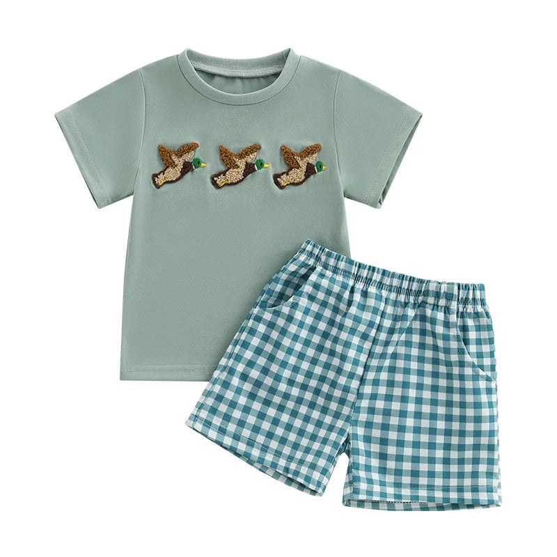 Infant Boy Summer Outfit – Cute Animal Embroidery Short Sleeve T-shirt & Plaid Shorts 2-Piece Set