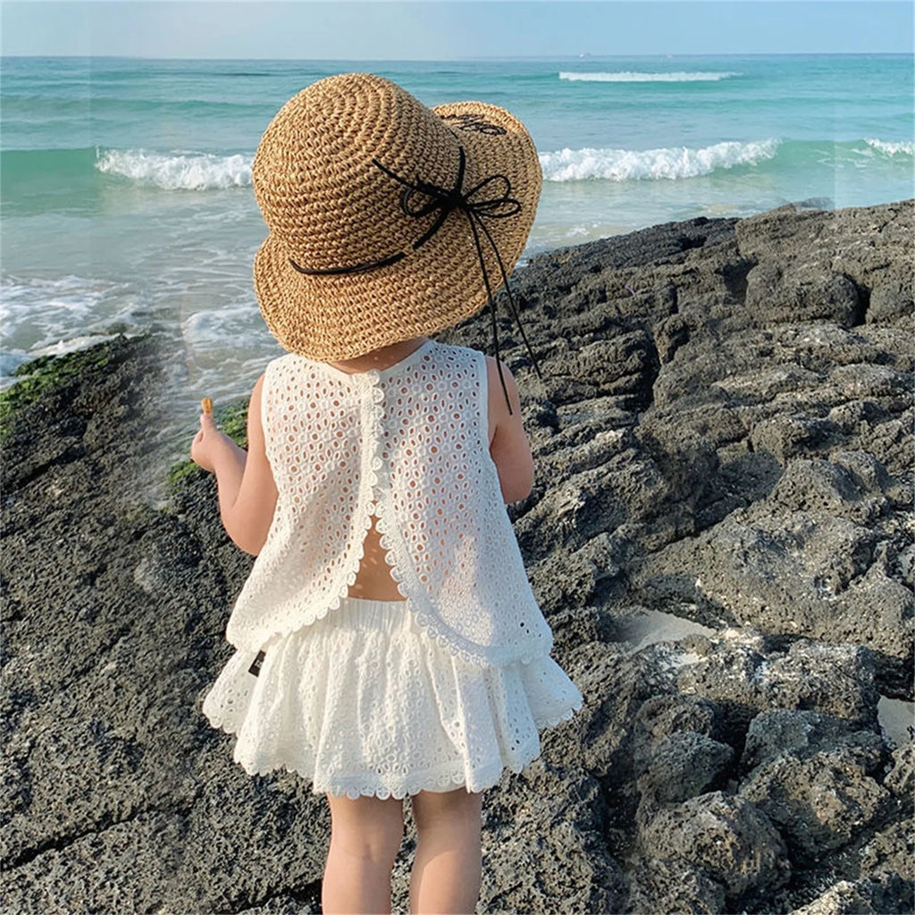 Girls 2025 Summer Clothing Set – Hollow Lace Sleeveless Top & Shorts 2-Piece Outfit for Toddlers – Stylish Cotton Backless Suit for Baby Girls (1–5T)