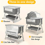 3 in 1 Baby Bassinet Bedside Sleeper, Breathable Mesh Safe Bedside Bassinet for Baby, Easy Assemble and Folding Portable with Wheels
