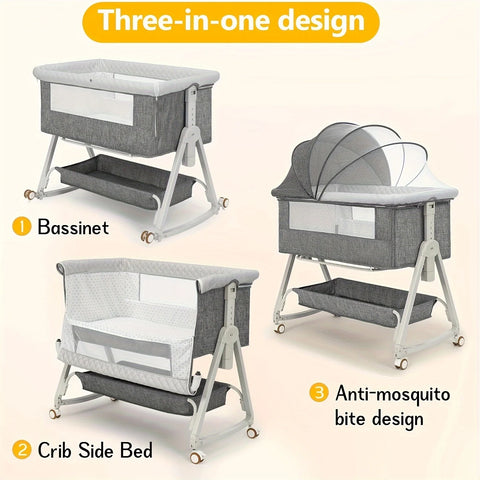 3 in 1 Baby Bassinet Bedside Sleeper, Breathable Mesh Safe Bedside Bassinet for Baby, Easy Assemble and Folding Portable with Wheels