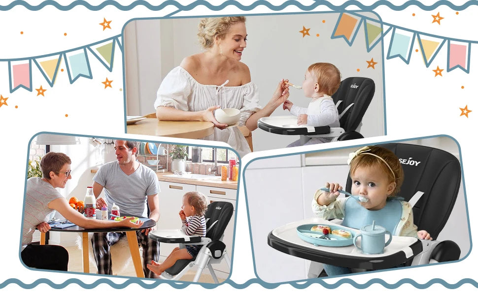 Sejoy Adjustable Baby High Chair with 5-Point Harness 3-Tier Tray & Wheels CE/CPC Certified Children's Dining Chair