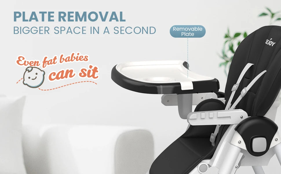 Sejoy Adjustable Baby High Chair with 5-Point Harness 3-Tier Tray & Wheels CE/CPC Certified Children's Dining Chair