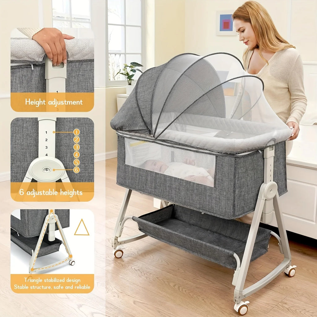 3 in 1 Baby Bassinet Bedside Sleeper, Breathable Mesh Safe Bedside Bassinet for Baby, Easy Assemble and Folding Portable with Wheels