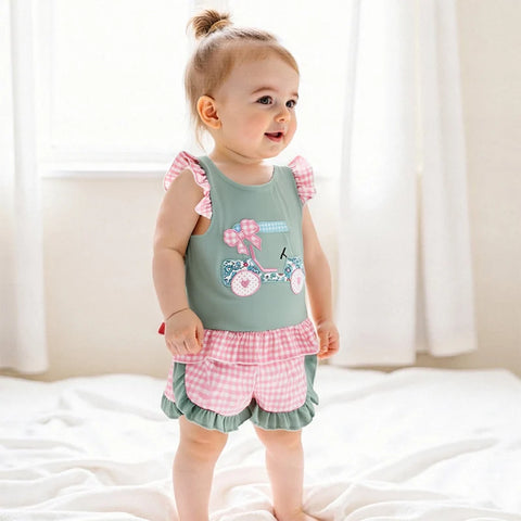 Adorable Infant Girl’s Summer Outfit – Golf Cart Embroidered Flutter Sleeve Top with Plaid Shorts 2-Piece Set