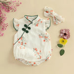 Toddler Girls Traditional Chinese Dress Set — Embroidered Floral Romper with Matching Headband, Summer Outfit