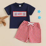 Lioraitiin Toddler Baby Boy 4th of July Outfit – Short Sleeve Truck & Flag Embroidery T-Shirt with Matching Shorts Set