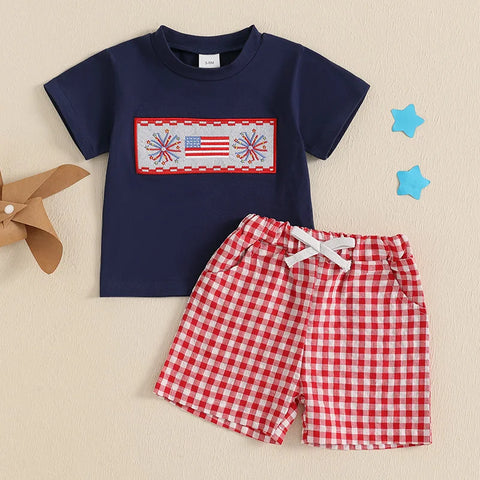 Lioraitiin Toddler Baby Boy 4th of July Outfit – Short Sleeve Truck & Flag Embroidery T-Shirt with Matching Shorts Set