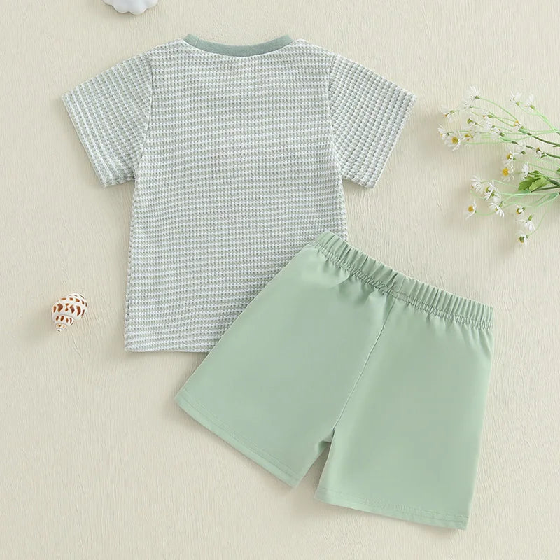 Infant Boy Summer Outfit – Cute Animal Embroidery Short Sleeve T-shirt & Plaid Shorts 2-Piece Set