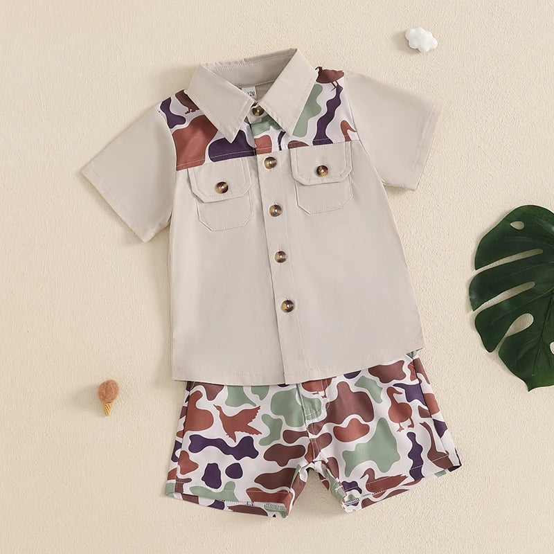 Infant Boy’s Summer Camo Print Short Sleeve Shirt & Shorts Set with Button-Down Collar – 2 Piece Outfit