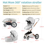 Hot Mom F023 2-in-1 Baby Stroller – 360° Rotating PU Leather Travel System with Bassinet, Rain Cover & Accessories | Foldable Luxury Stroller (0–4 Years)