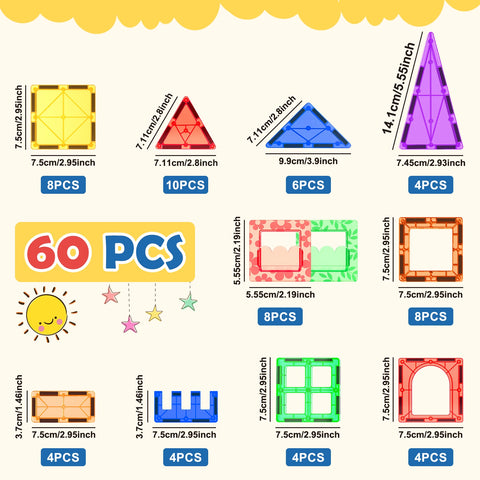 🧲 60 PCS Magnetic Building Tiles for Kids – STEM Magnet Blocks Set for Ages 3+ By Coodoo | Educational Construction Toys | Sensory Learning | Safe Plastic