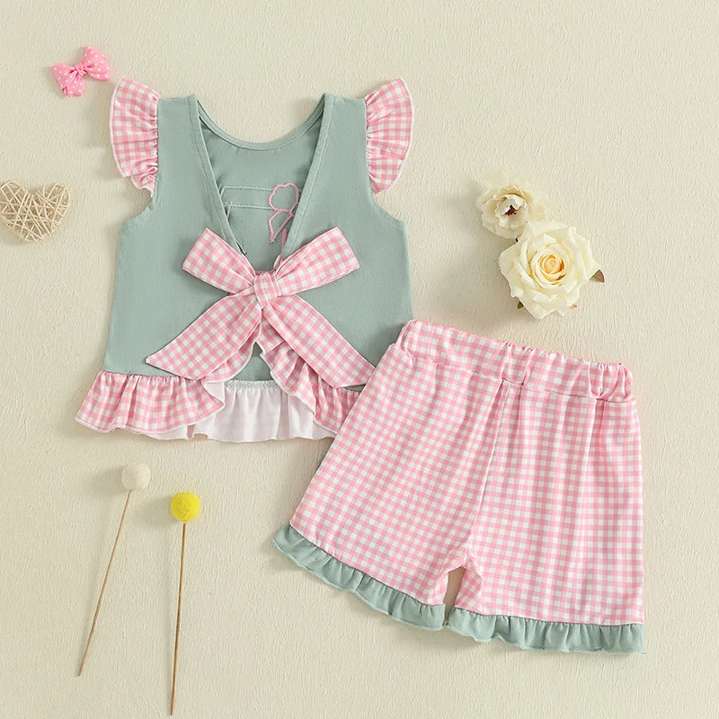 Adorable Infant Girl’s Summer Outfit – Golf Cart Embroidered Flutter Sleeve Top with Plaid Shorts 2-Piece Set