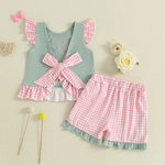 Adorable Infant Girl’s Summer Outfit – Golf Cart Embroidered Flutter Sleeve Top with Plaid Shorts 2-Piece Set