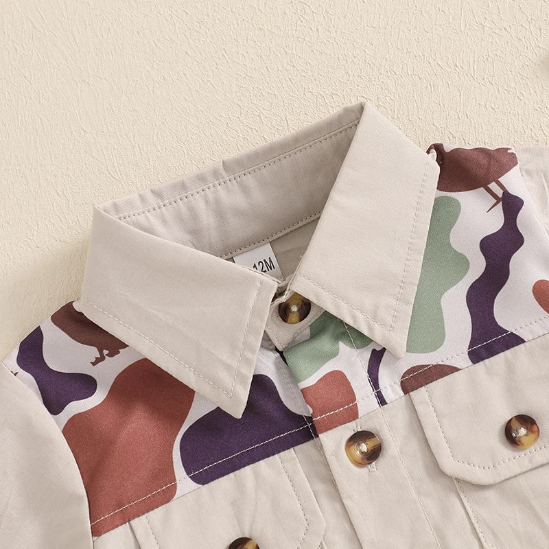 Infant Boy’s Summer Camo Print Short Sleeve Shirt & Shorts Set with Button-Down Collar – 2 Piece Outfit