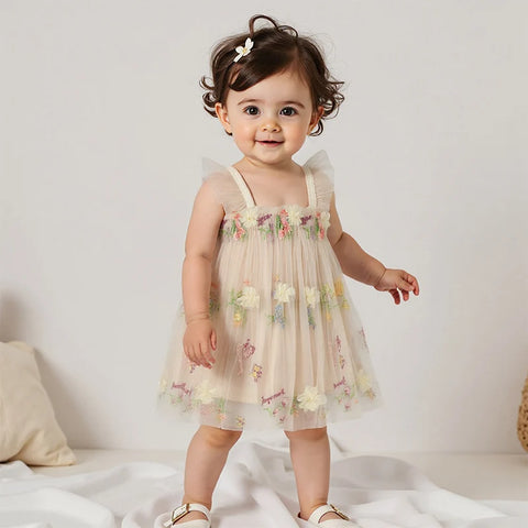 Toddler Girl Sleeveless Floral Embroidered Tulle Dress with Ruffle Square Neckline – Princess Party Dress for Baby Girl