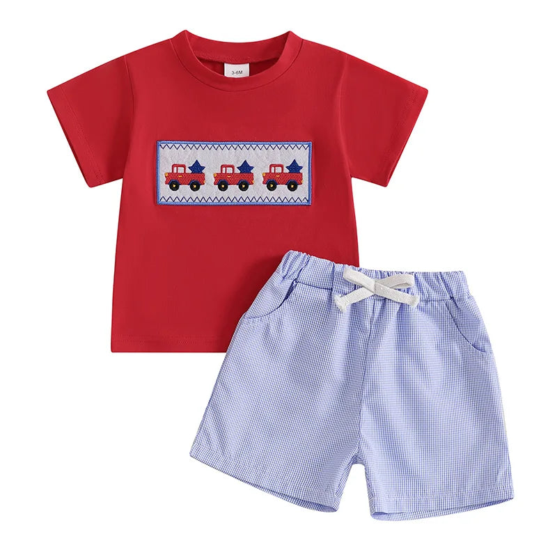 Lioraitiin Toddler Baby Boy 4th of July Outfit – Short Sleeve Truck & Flag Embroidery T-Shirt with Matching Shorts Set