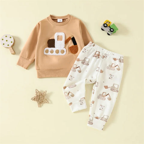Lioraitiin Toddler Baby Boy 2-Piece Outfit – Car Embroidery Long Sleeve Pullover Sweatshirt & Elastic Waist Pants Set