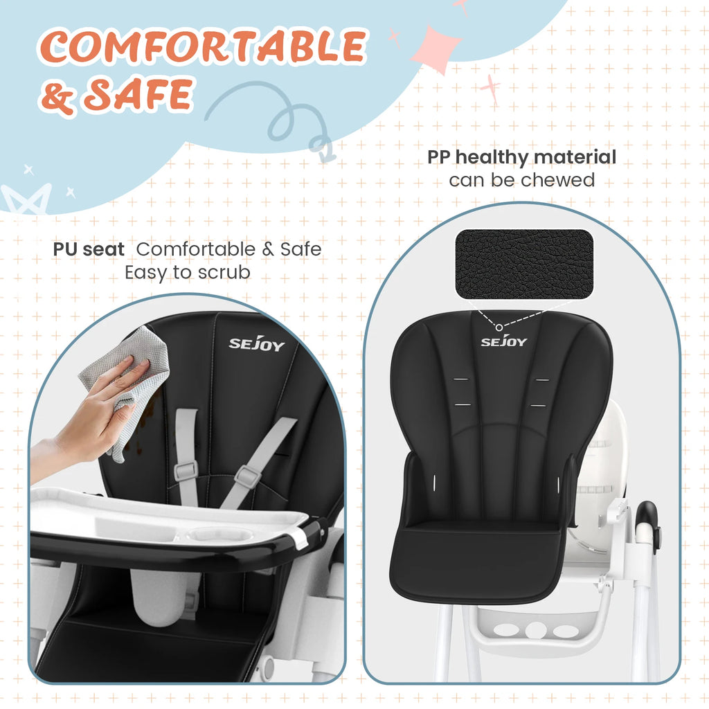 Sejoy Adjustable Baby High Chair with 5-Point Harness 3-Tier Tray & Wheels CE/CPC Certified Children's Dining Chair