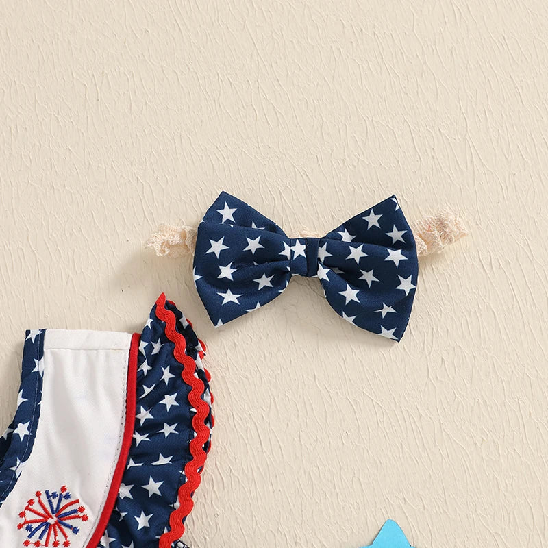 Toddler Girls 4th of July Romper – American Flag Print Sleeveless Ruffle Jumpsuit with Headband, 2-Piece Independence Day Outfit